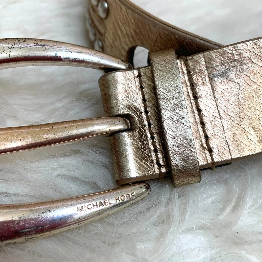 MICHAEL KORS Gold Leather Vintage Studded Belt Silver Buckle Sz SMALL